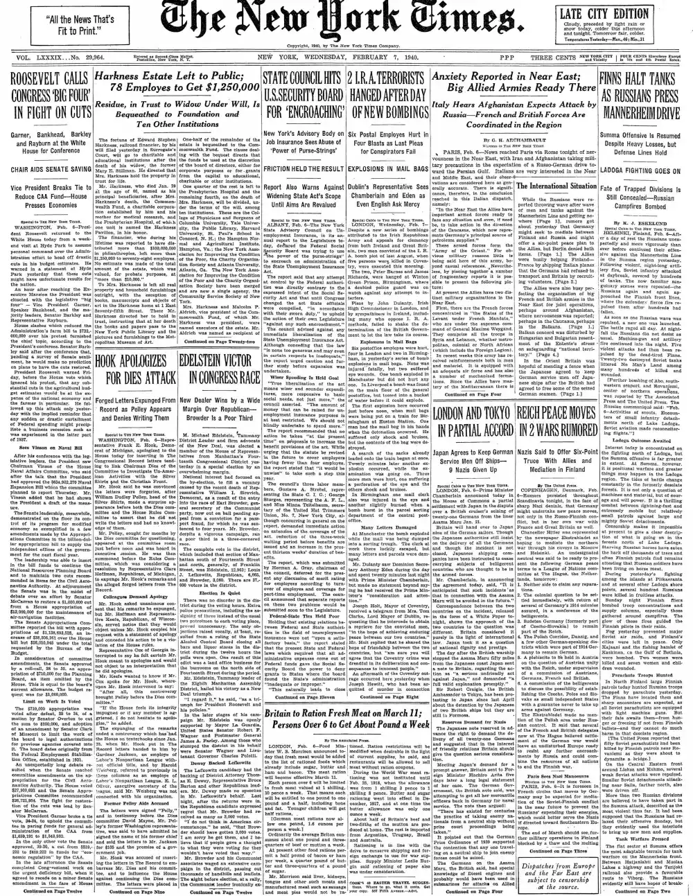 Wednesday, February 7, 1940 – The New York Times Front Page
