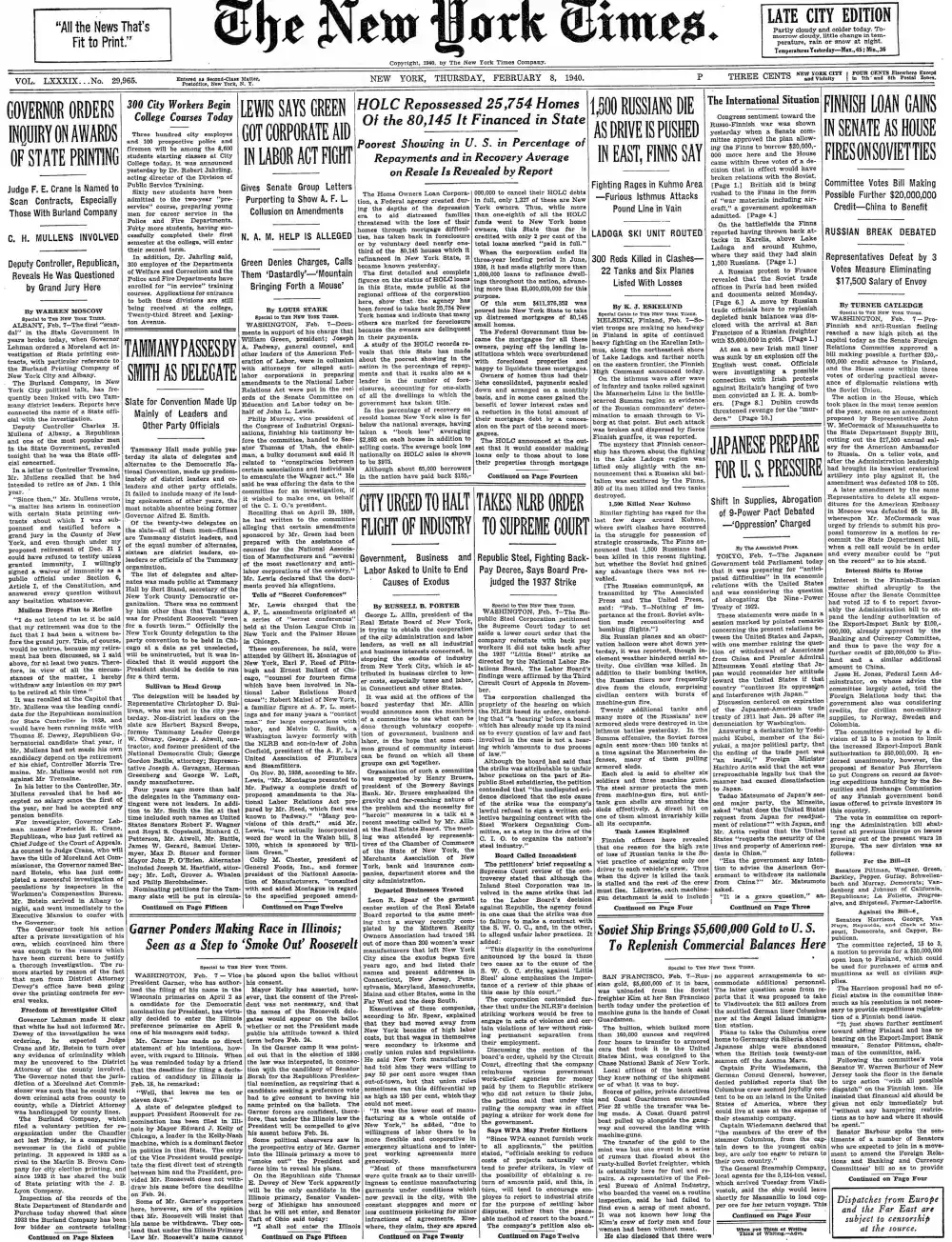 Thursday, February 8, 1940 – The New York Times Front Page