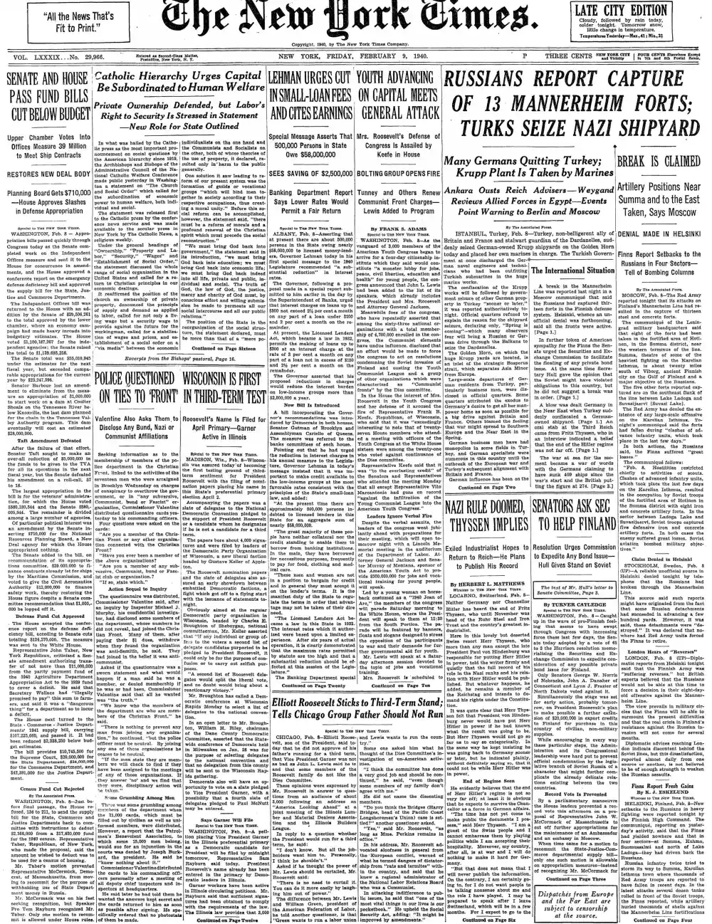 Friday, February 9, 1940 – The New York Times Front Page