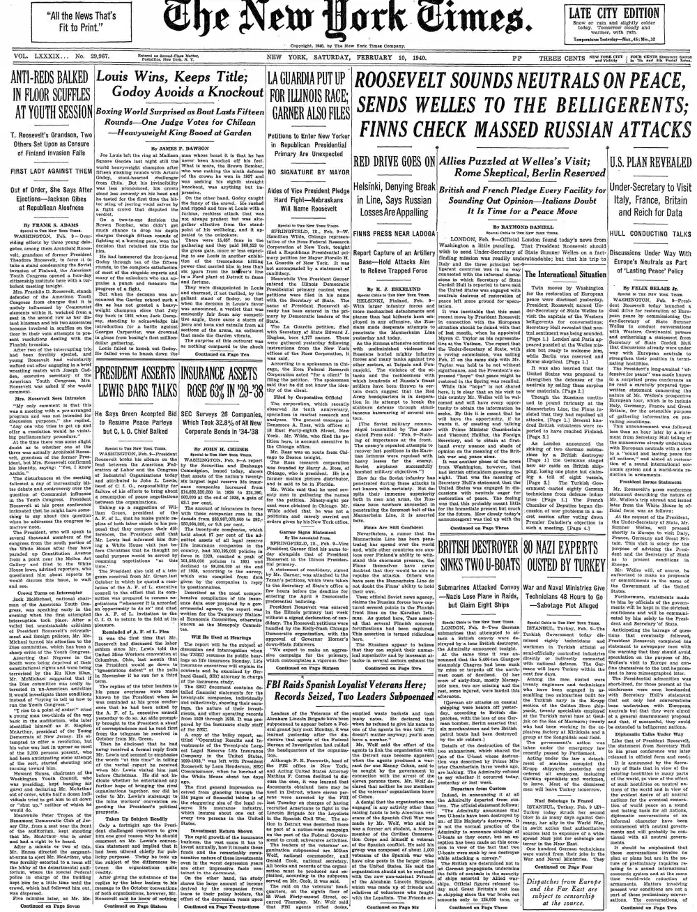 Saturday, February 10, 1940 – The New York Times Front Page