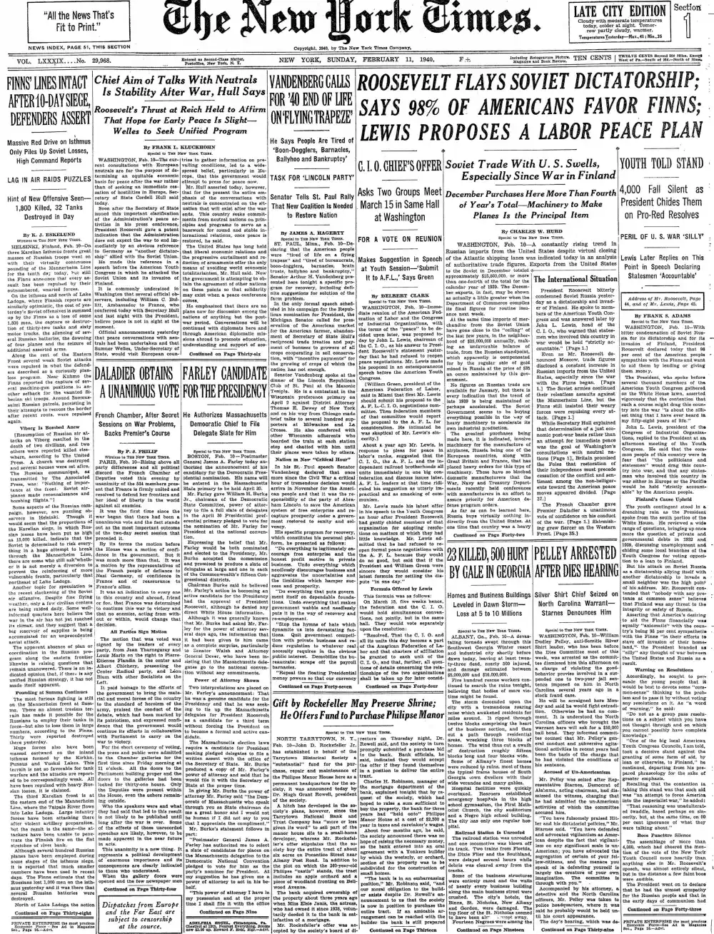 Sunday, February 11, 1940 – The New York Times Front Page