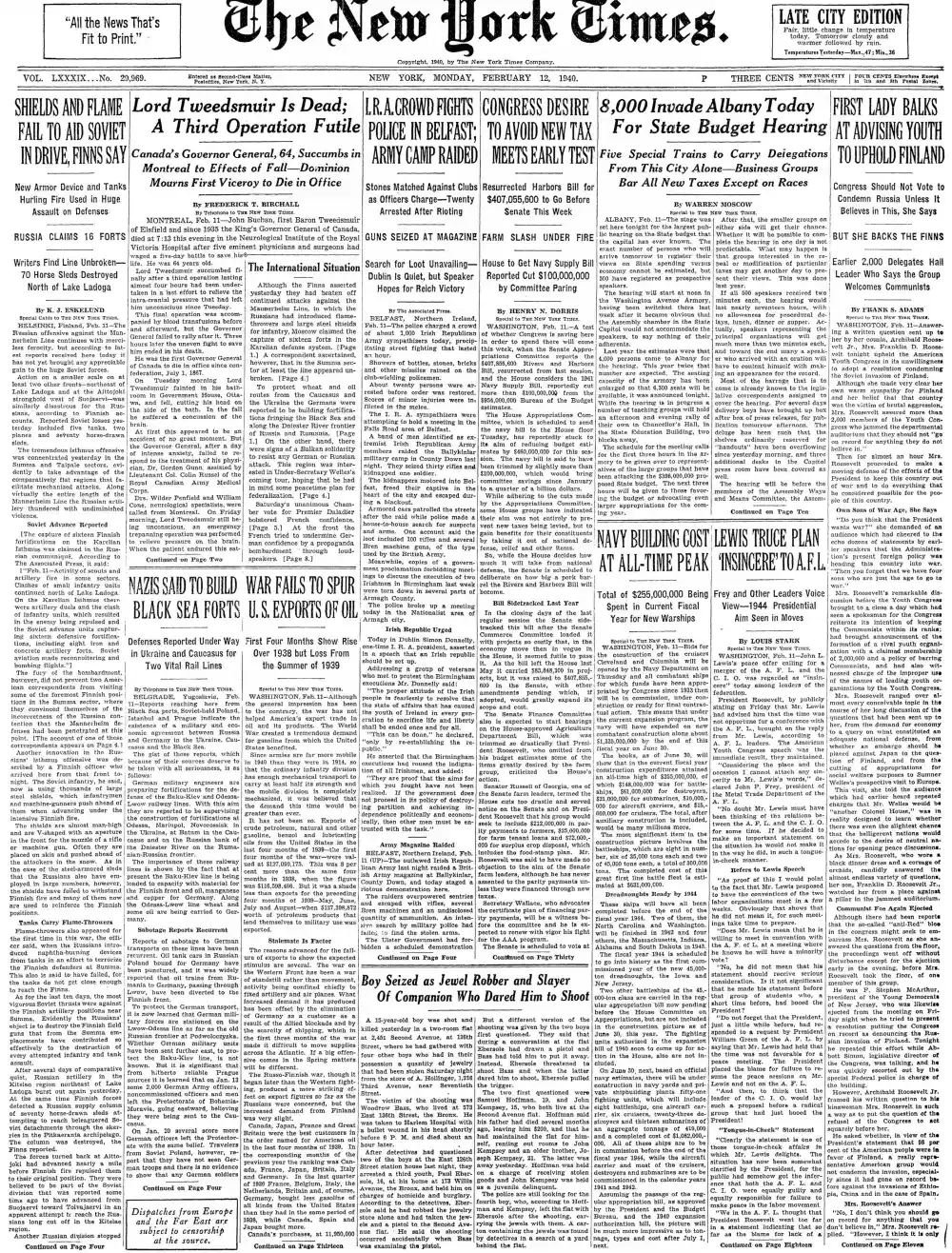 Monday, February 12, 1940 – The New York Times Front Page