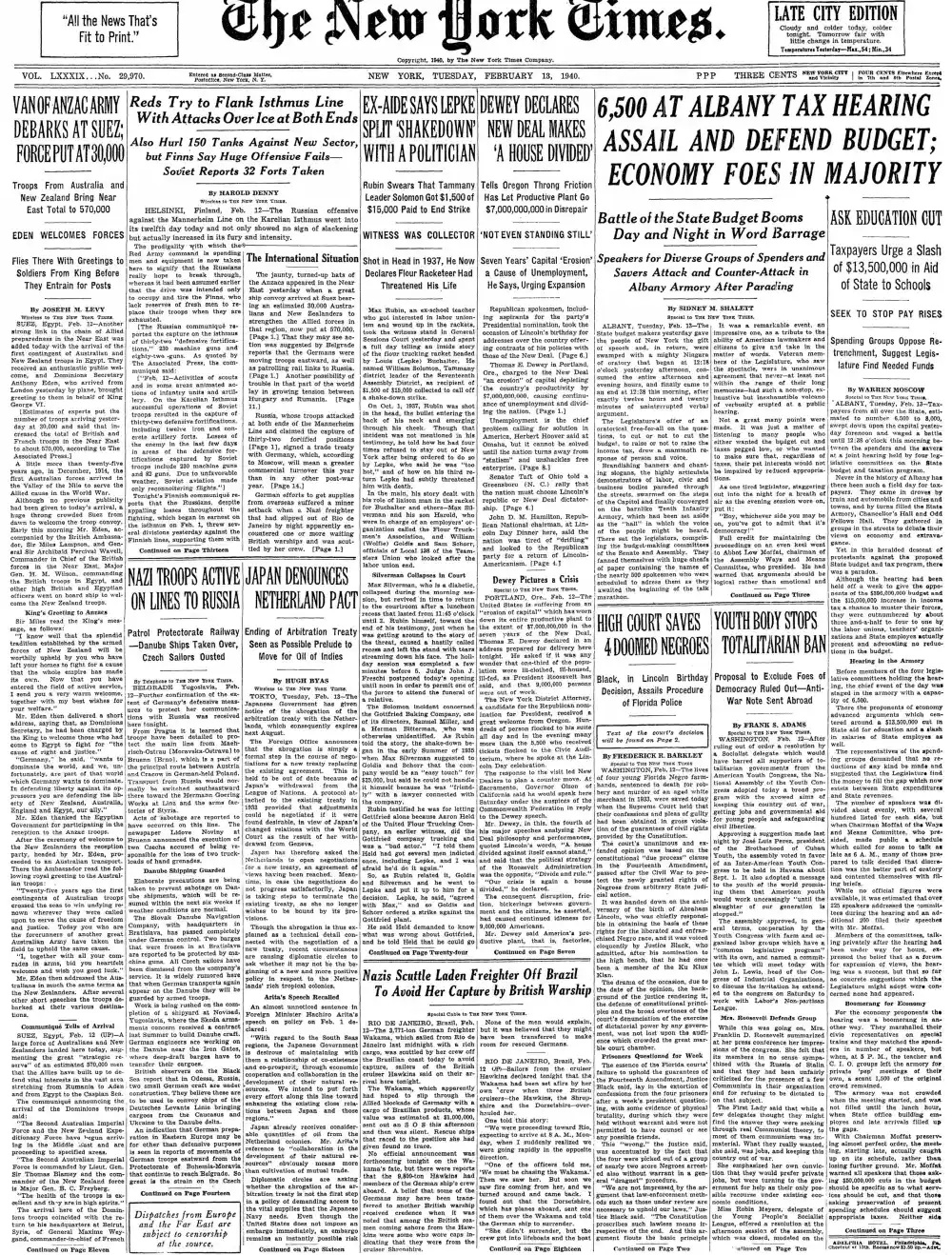 Tuesday, February 13, 1940 – The New York Times Front Page