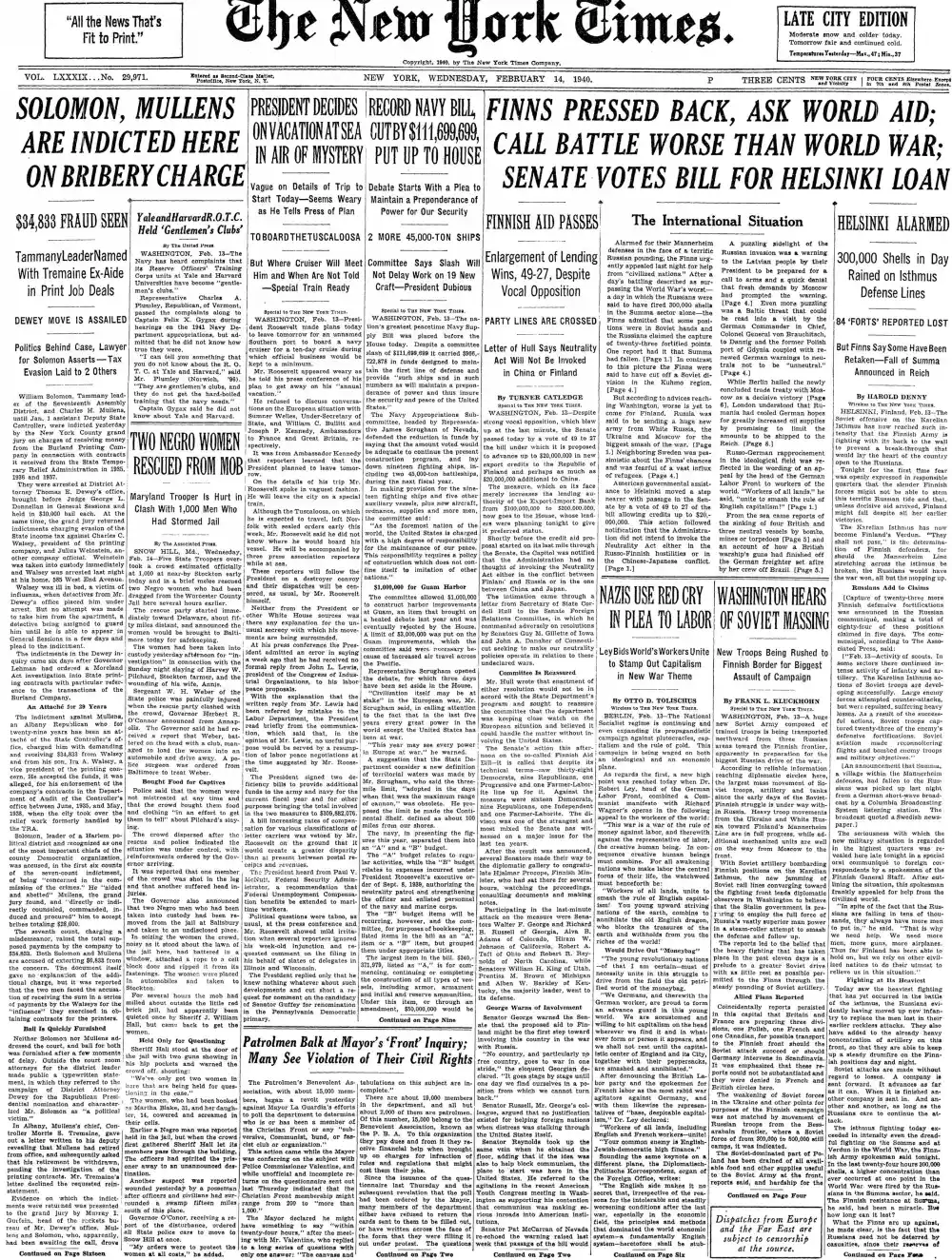 Wednesday, February 14, 1940 – The New York Times Front Page