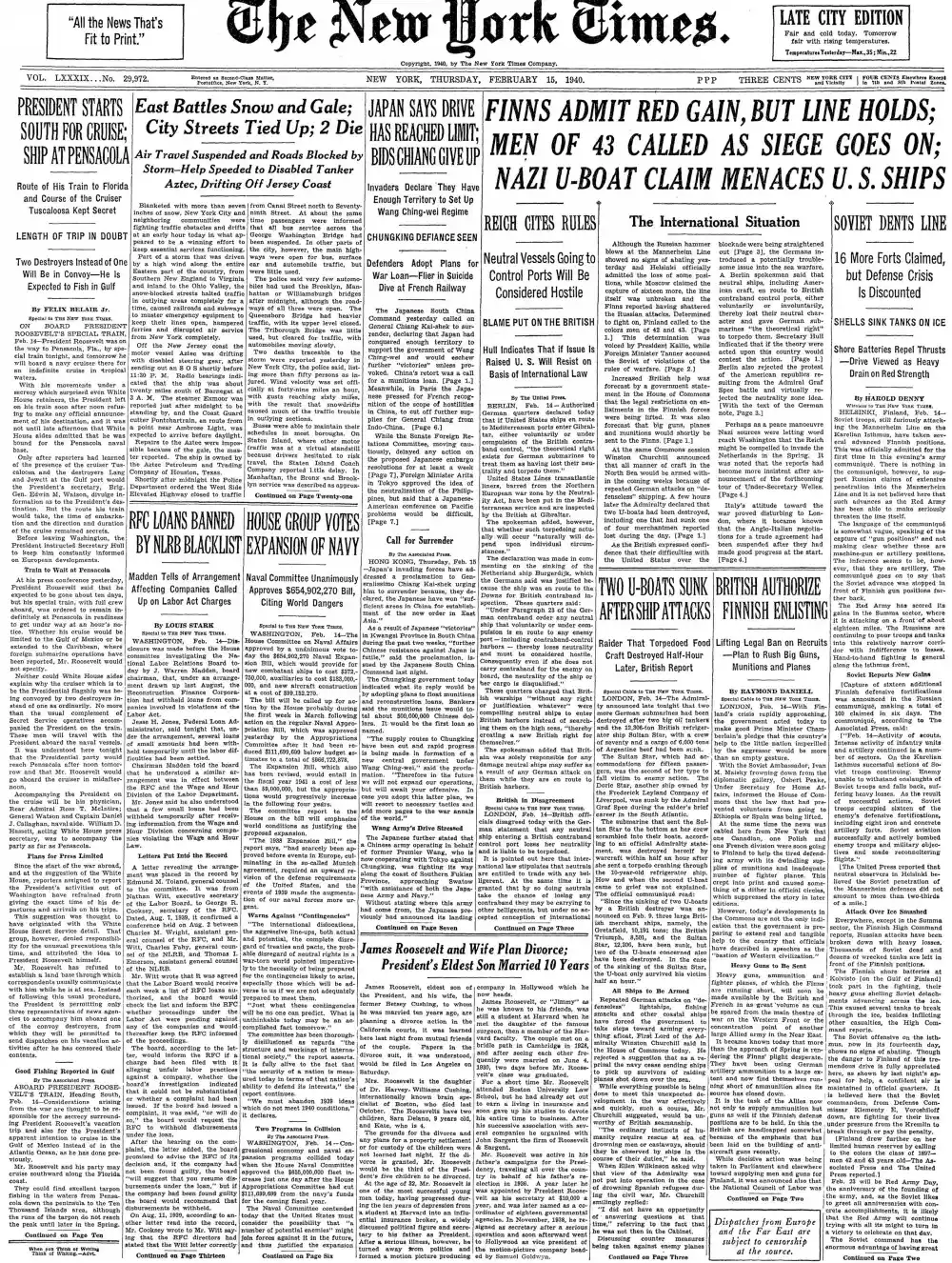 Thursday, February 15, 1940 – The New York Times Front Page