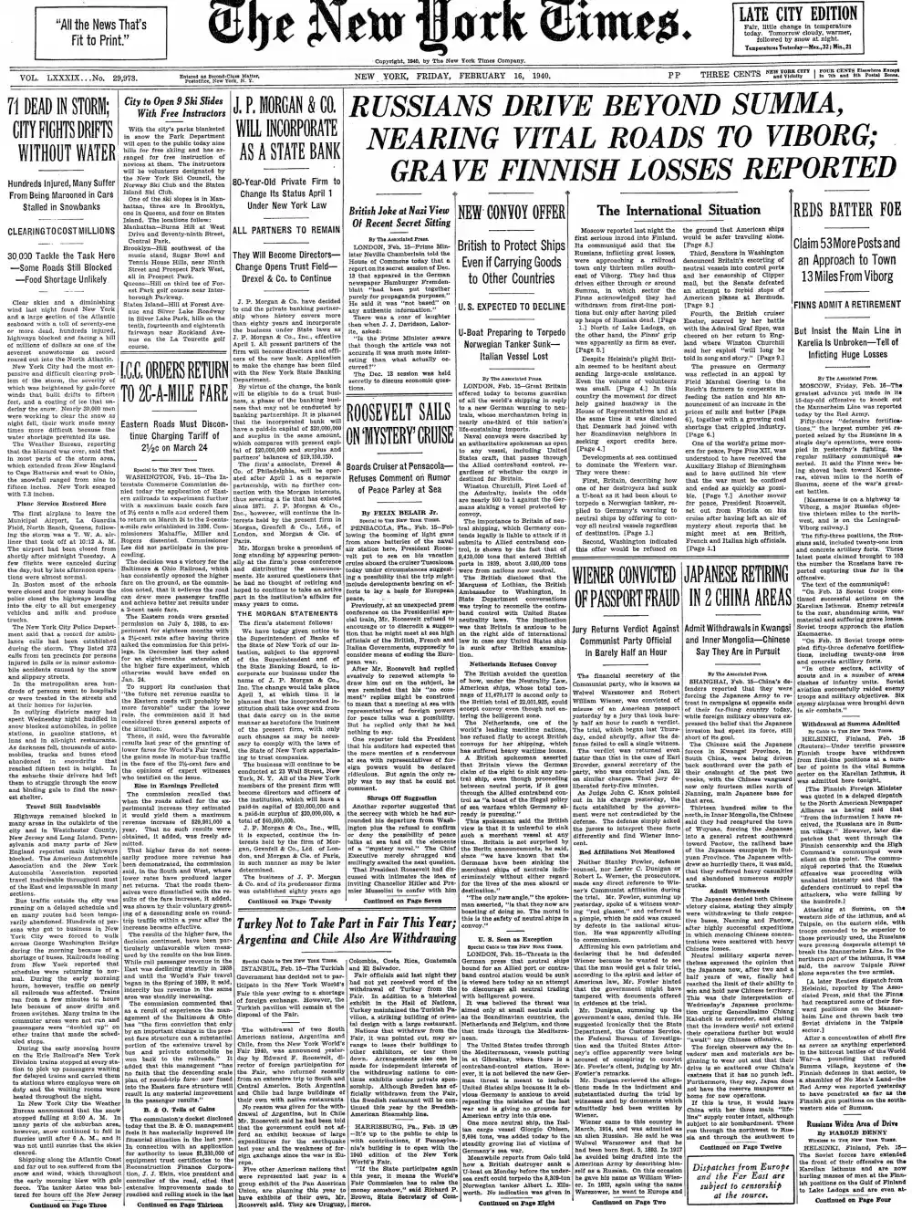 Friday, February 16, 1940 – The New York Times Front Page