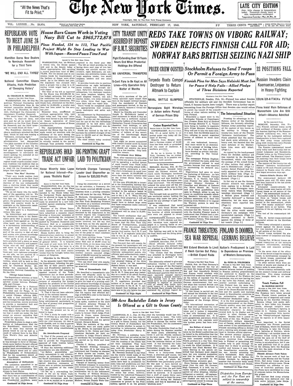 Saturday, February 17, 1940 – The New York Times Front Page