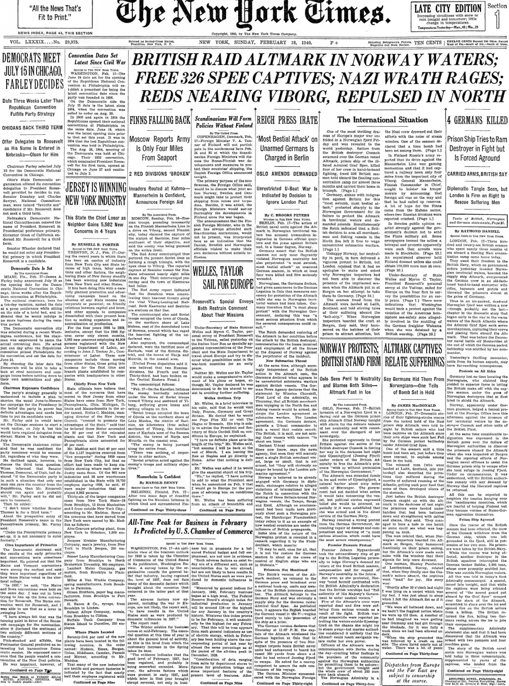 Sunday, February 18, 1940 – The New York Times Front Page