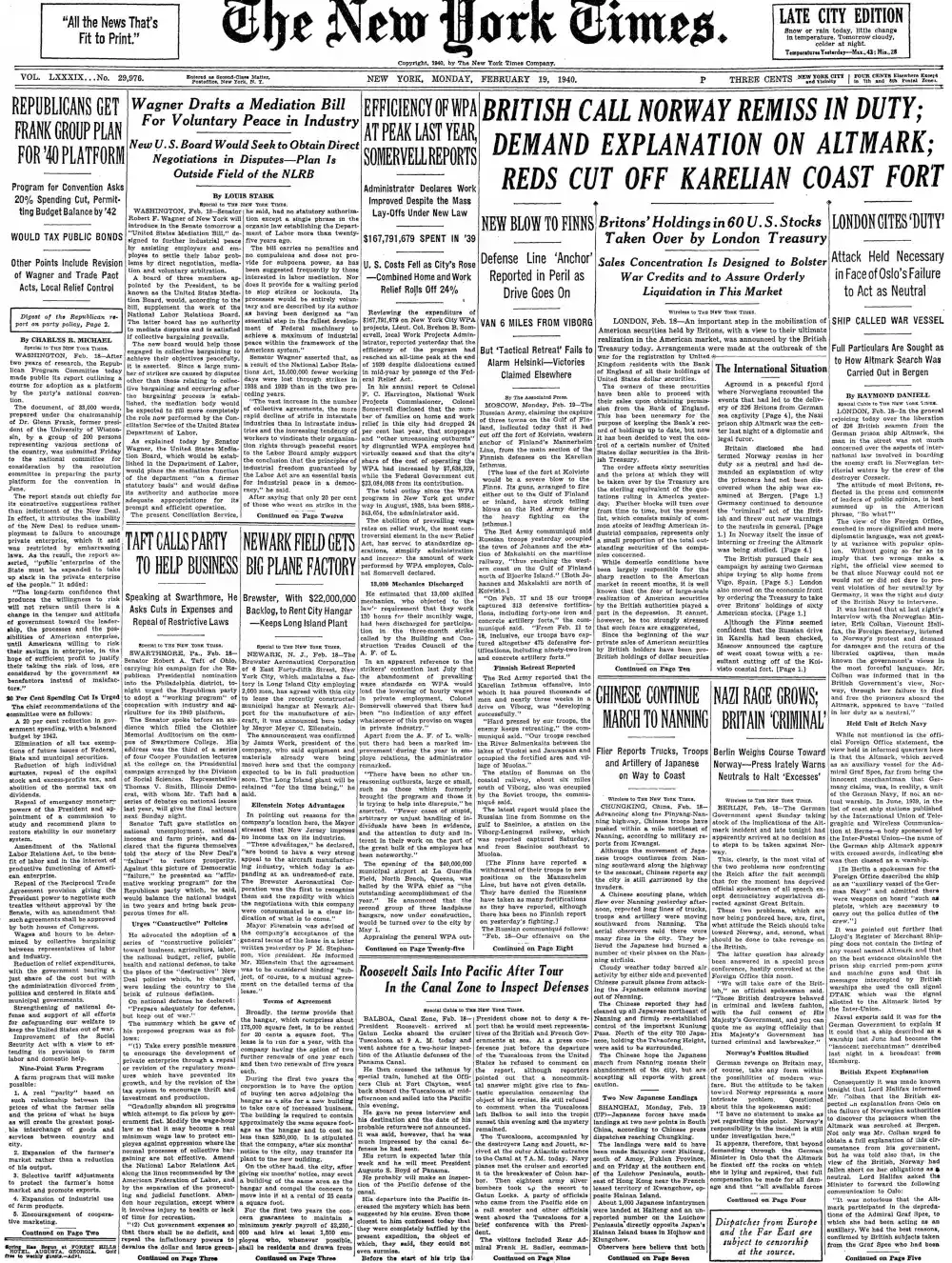 Monday, February 19, 1940 – The New York Times Front Page