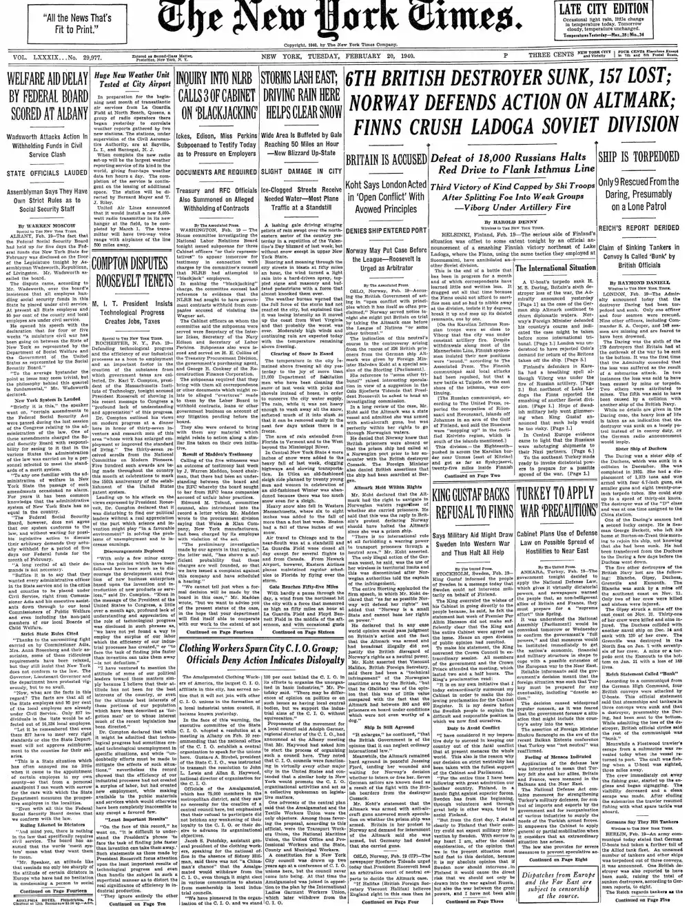 Tuesday, February 20, 1940 – The New York Times Front Page