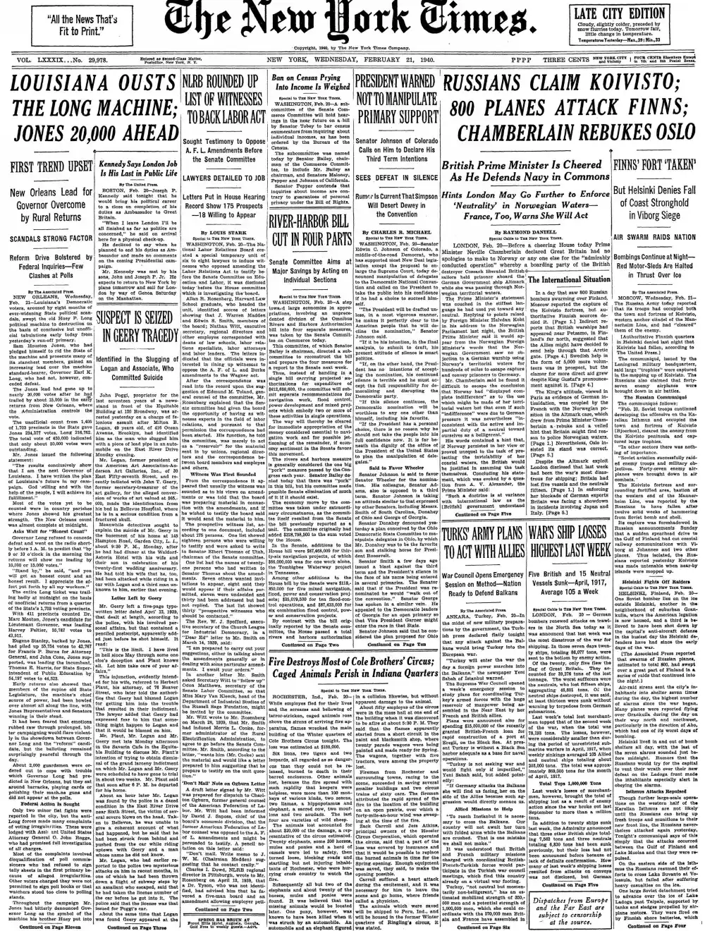Wednesday, February 21, 1940 – The New York Times Front Page