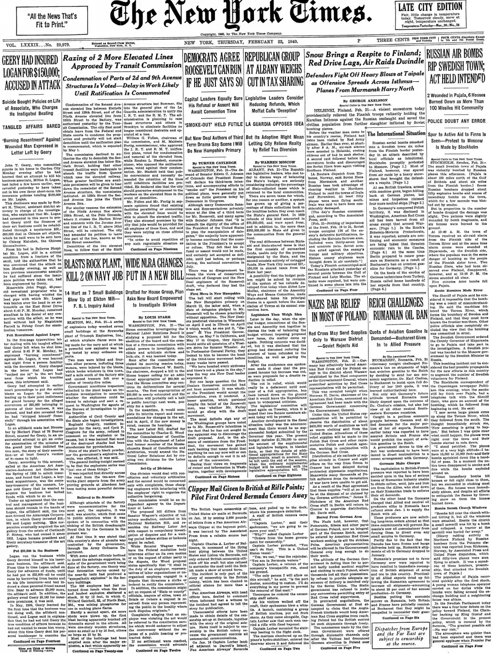 Thursday, February 22, 1940 – The New York Times Front Page