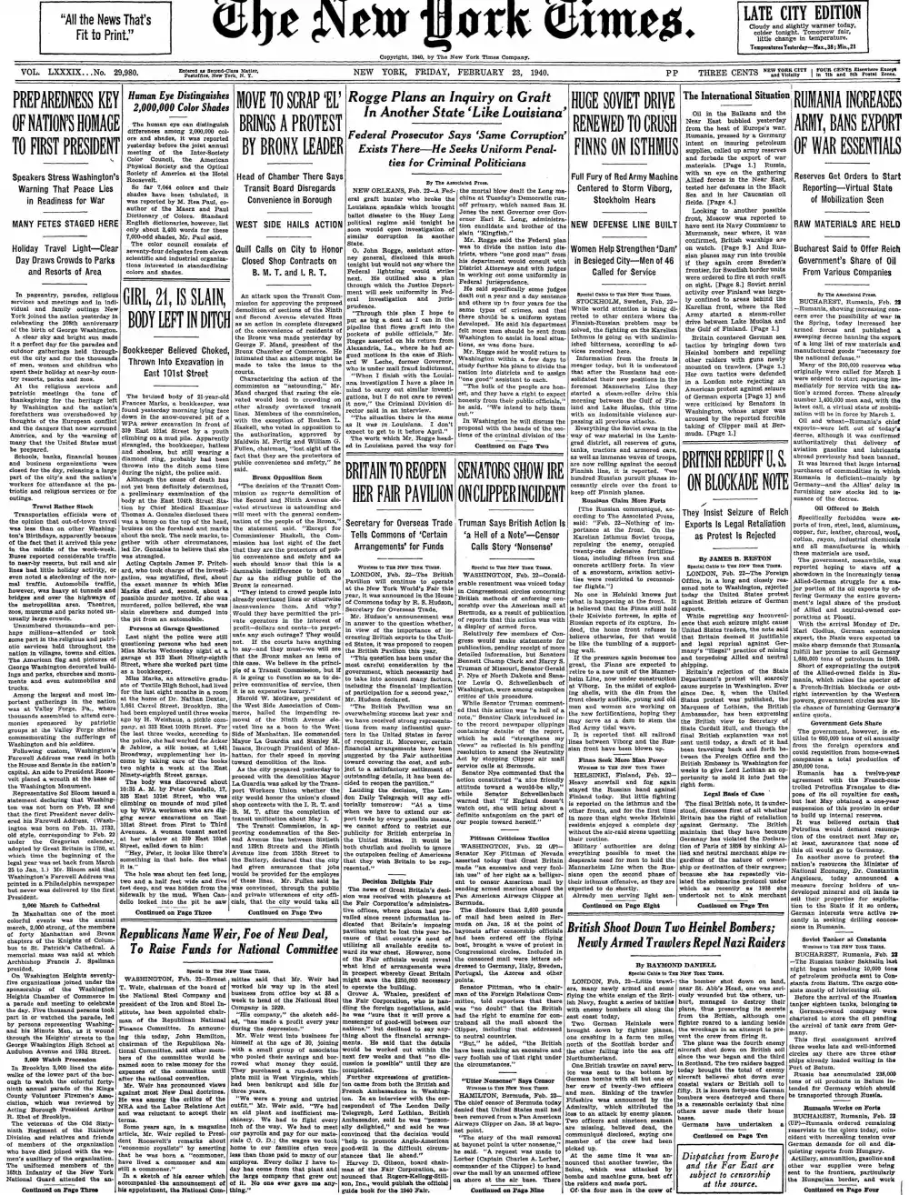 Friday, February 23, 1940 – The New York Times Front Page