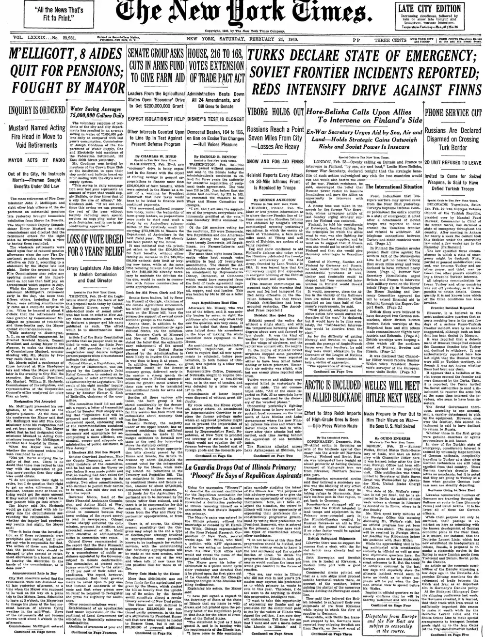 Saturday, February 24, 1940 – The New York Times Front Page