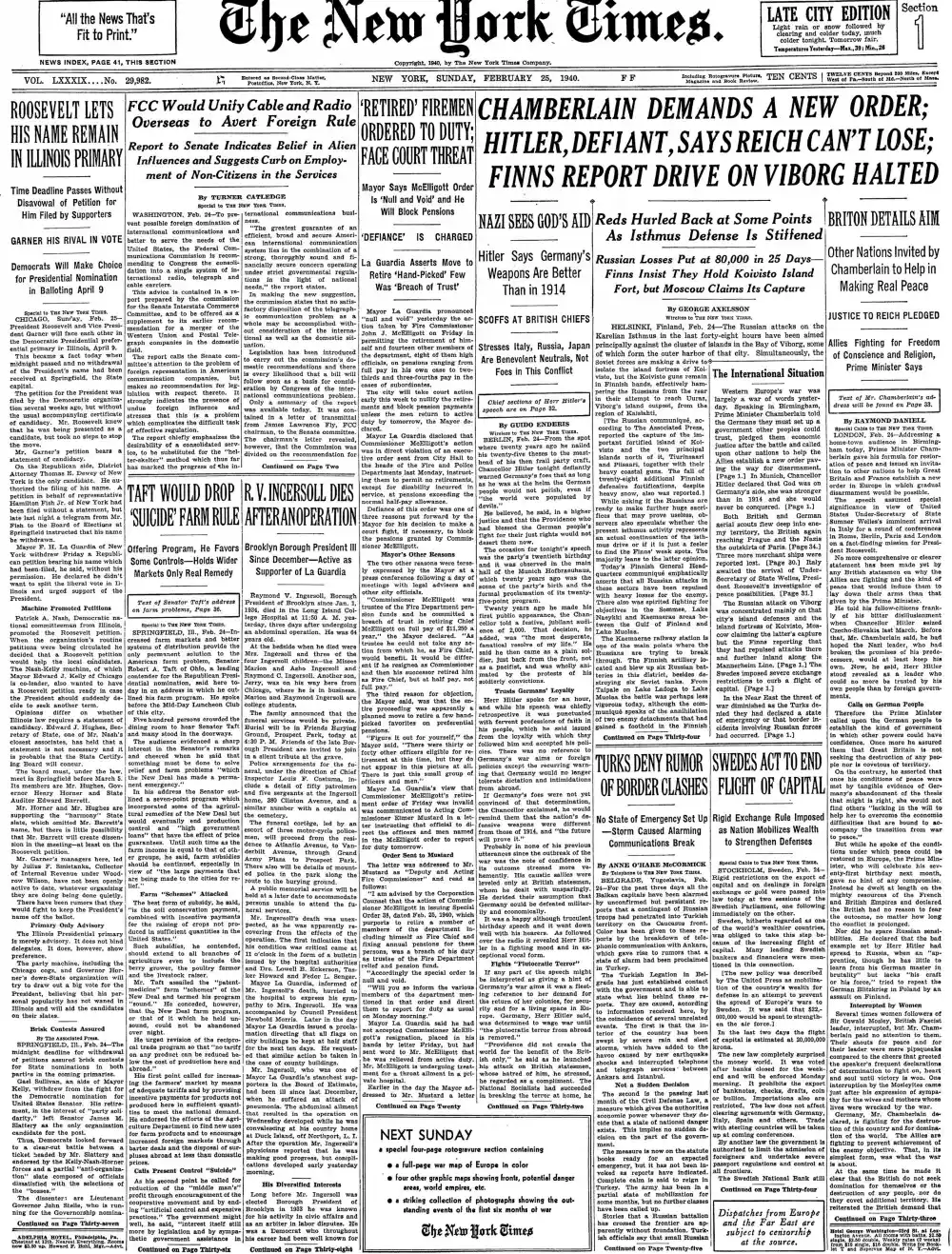 Sunday, February 25, 1940 – The New York Times Front Page
