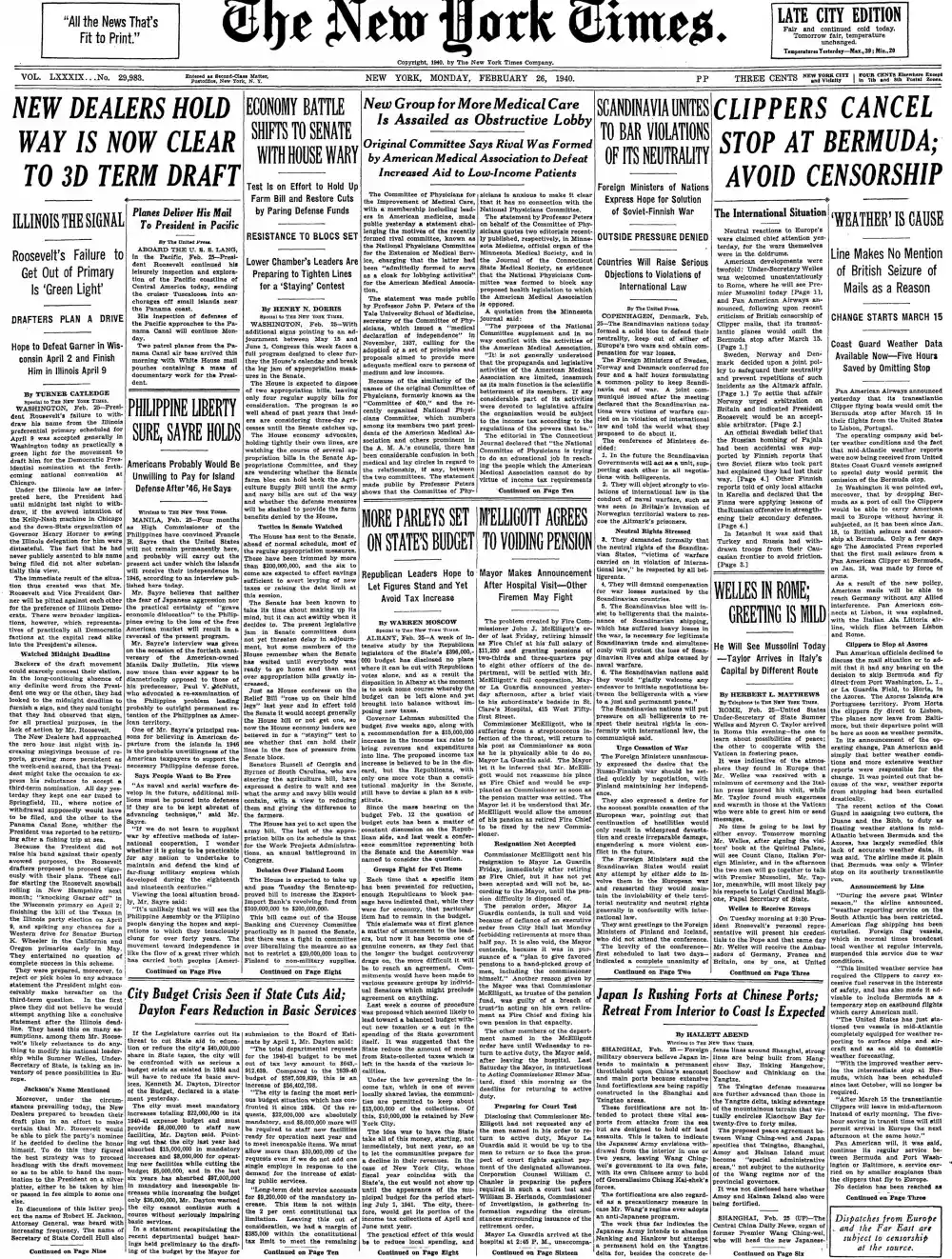 Monday, February 26, 1940 – The New York Times Front Page