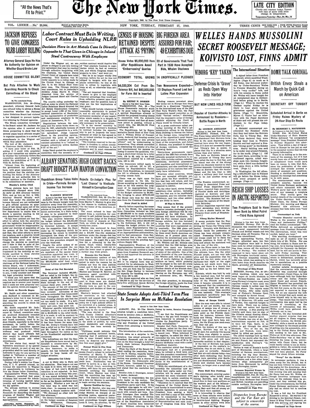 Tuesday, February 27, 1940 – The New York Times Front Page