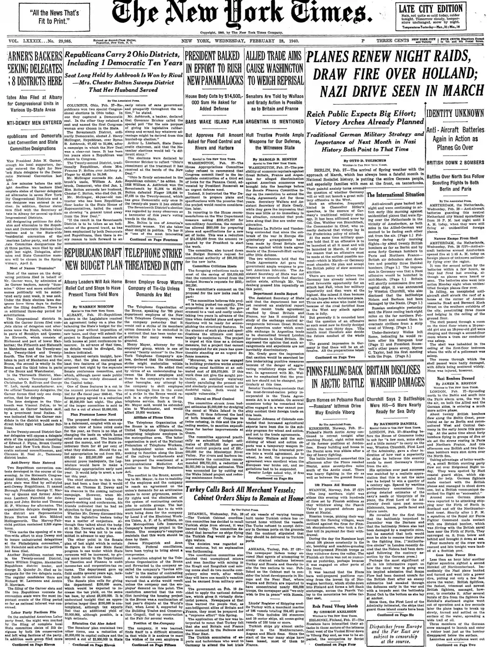 Wednesday, February 28, 1940 – The New York Times Front Page