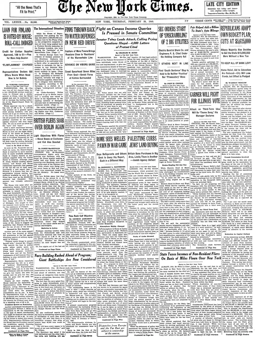 Thursday, February 29, 1940 – The New York Times Front Page