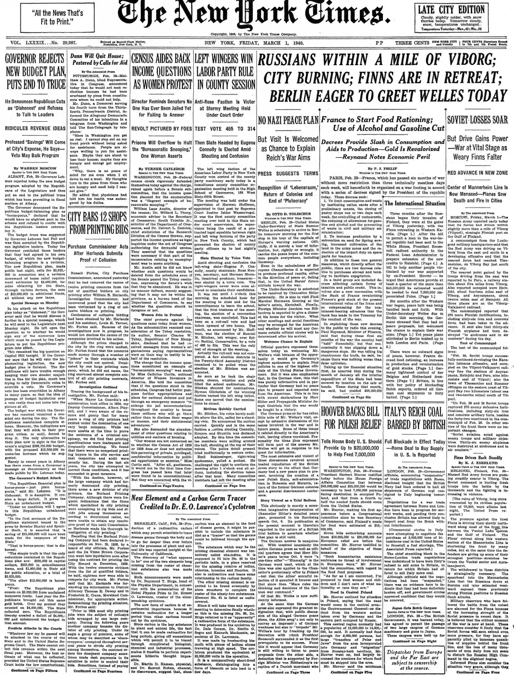 Friday, March 1, 1940 – The New York Times Front Page