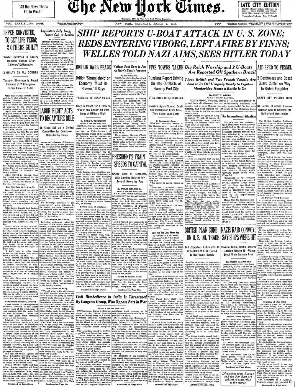 Saturday, March 2, 1940 – The New York Times Front Page
