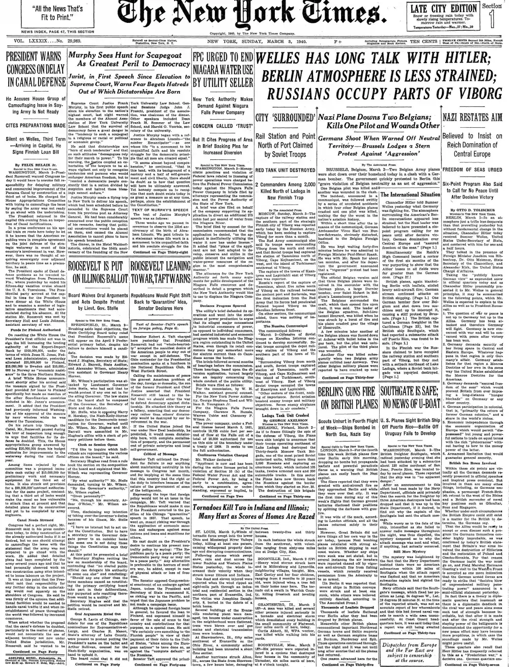Sunday, March 3, 1940 – The New York Times Front Page