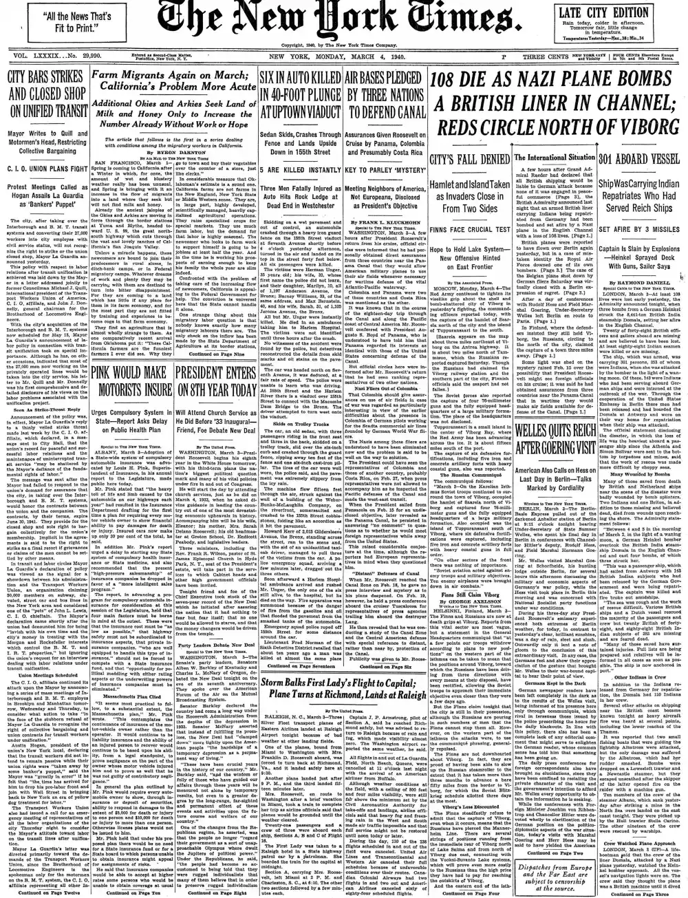 Monday, March 4, 1940 – The New York Times Front Page