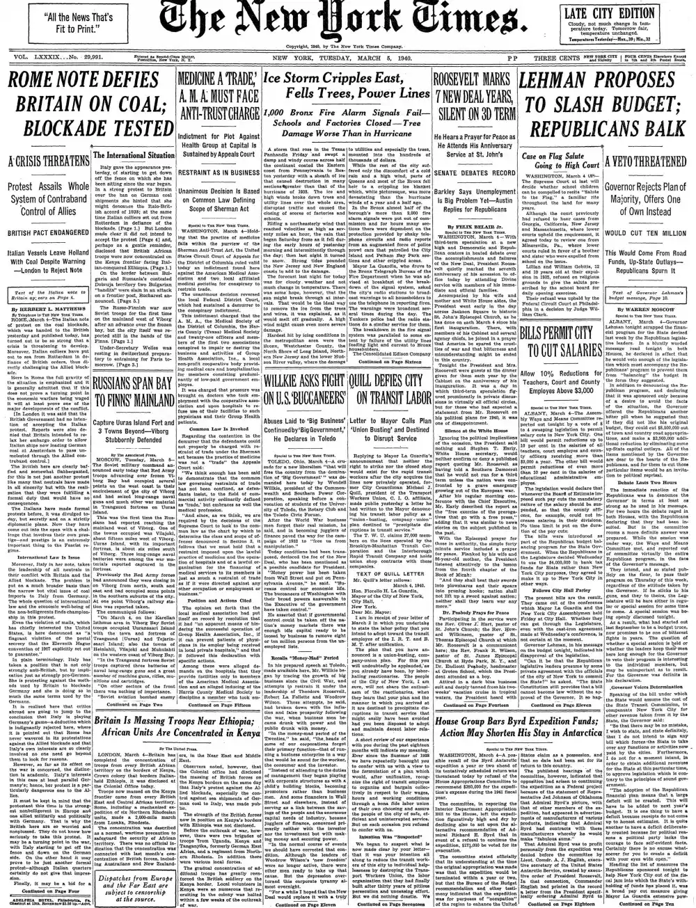Tuesday, March 5, 1940 – The New York Times Front Page