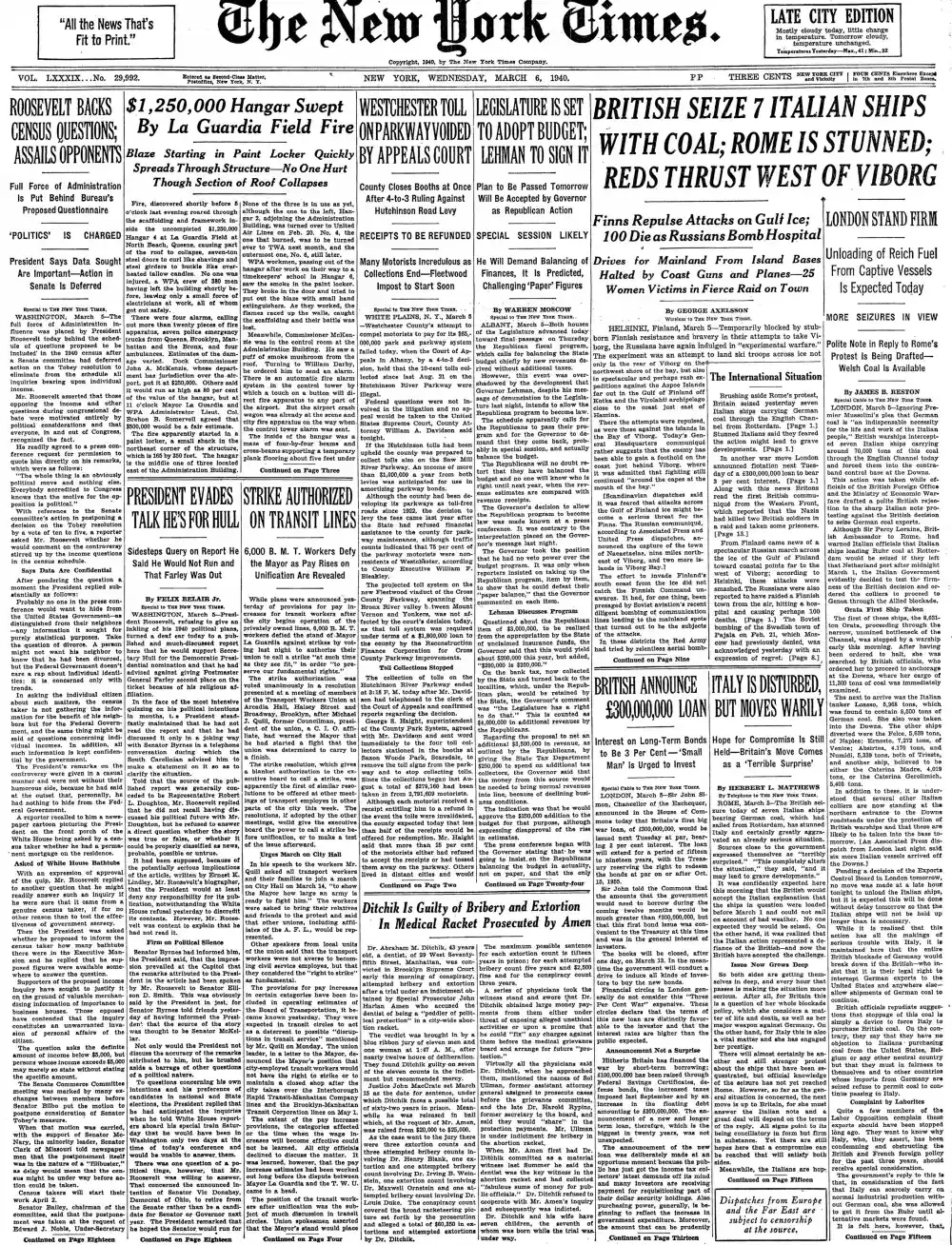 Wednesday, March 6, 1940 – The New York Times Front Page