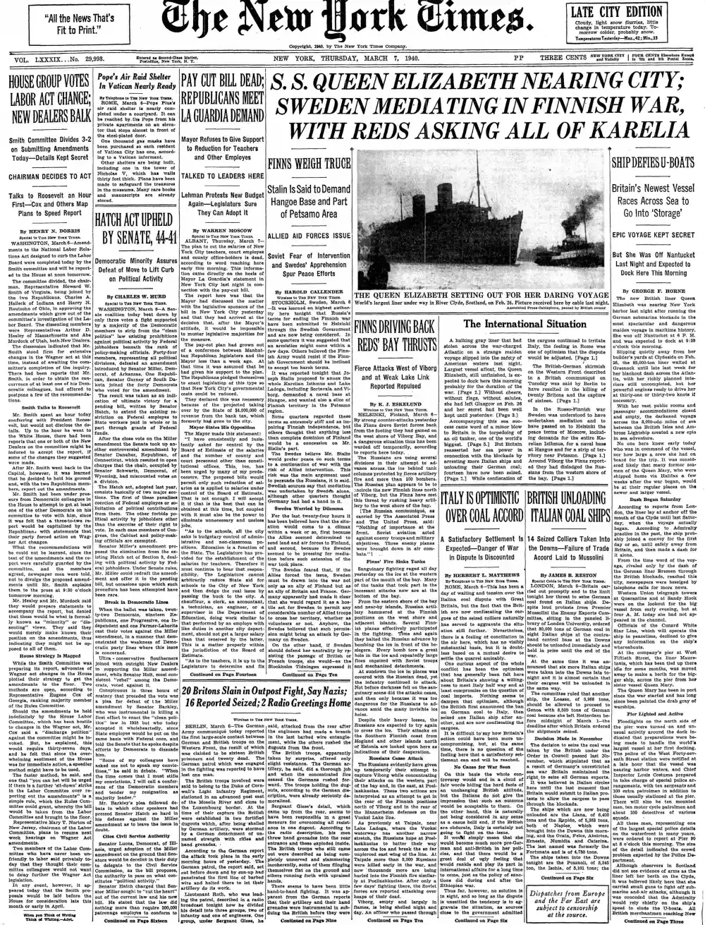 Thursday, March 7, 1940 – The New York Times Front Page