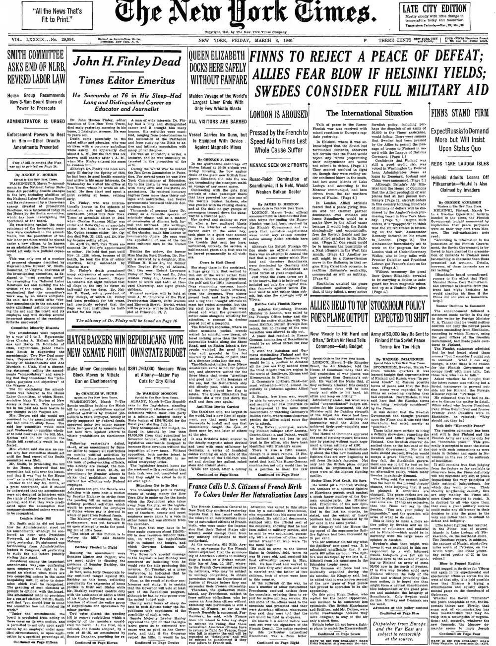 Friday, March 8, 1940 – The New York Times Front Page