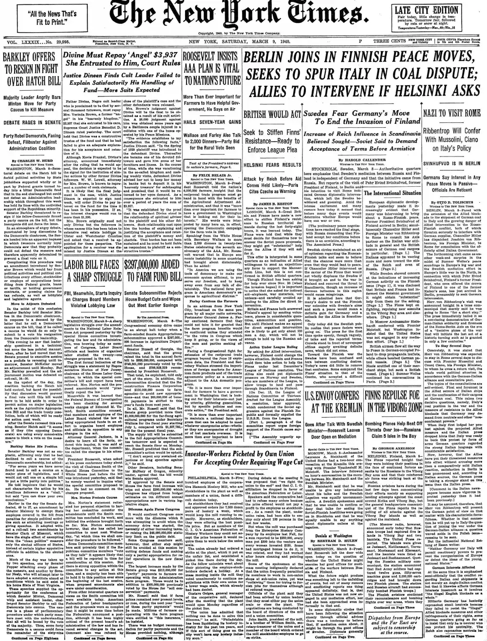 Saturday, March 9, 1940 – The New York Times Front Page
