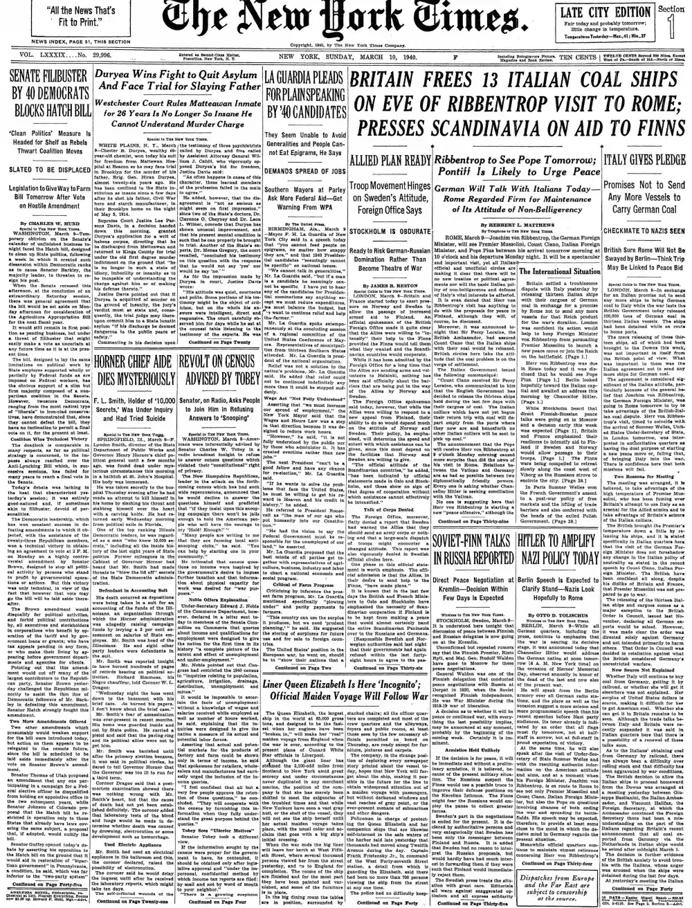 Sunday, March 10, 1940 – The New York Times Front Page