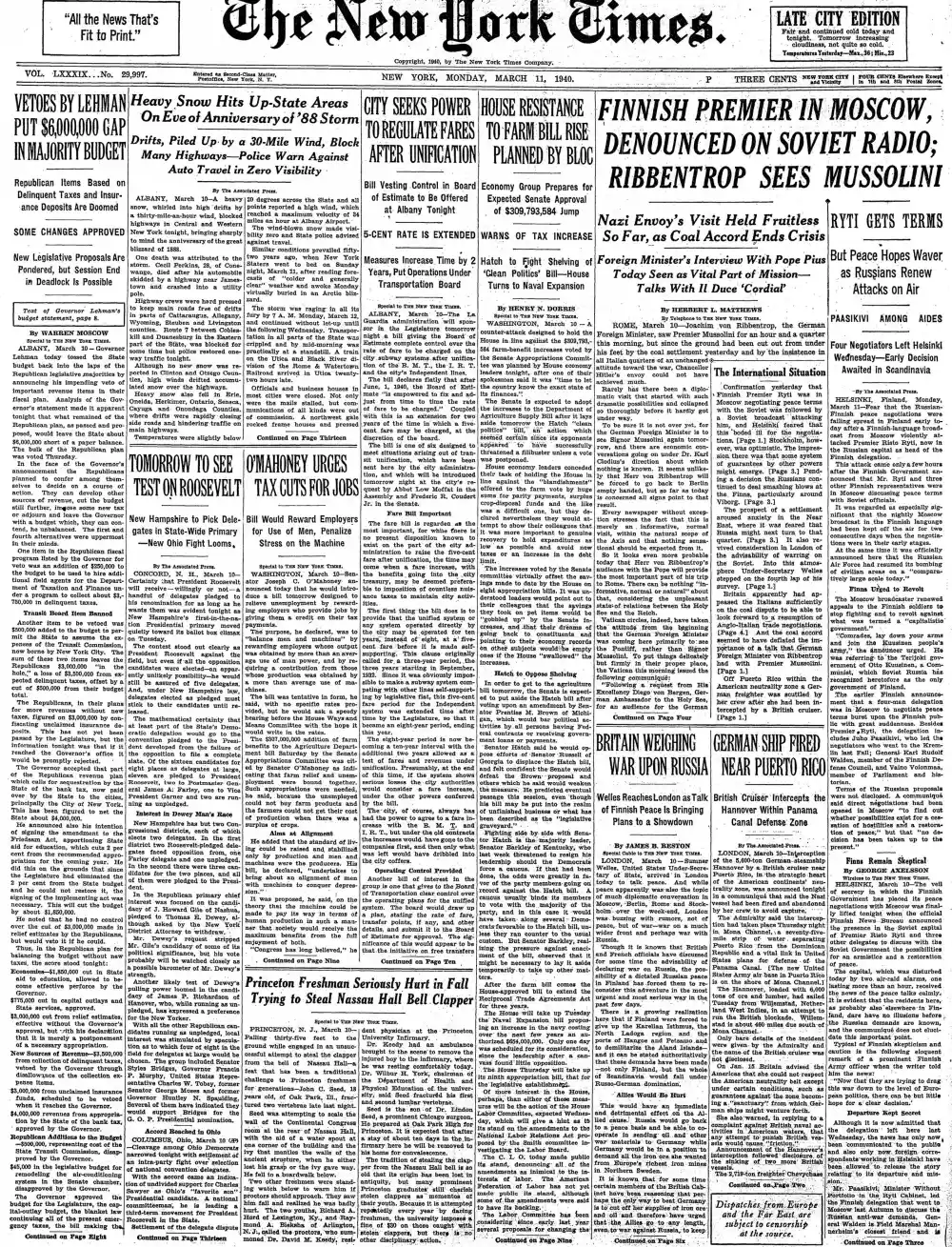 Monday, March 11, 1940 – The New York Times Front Page