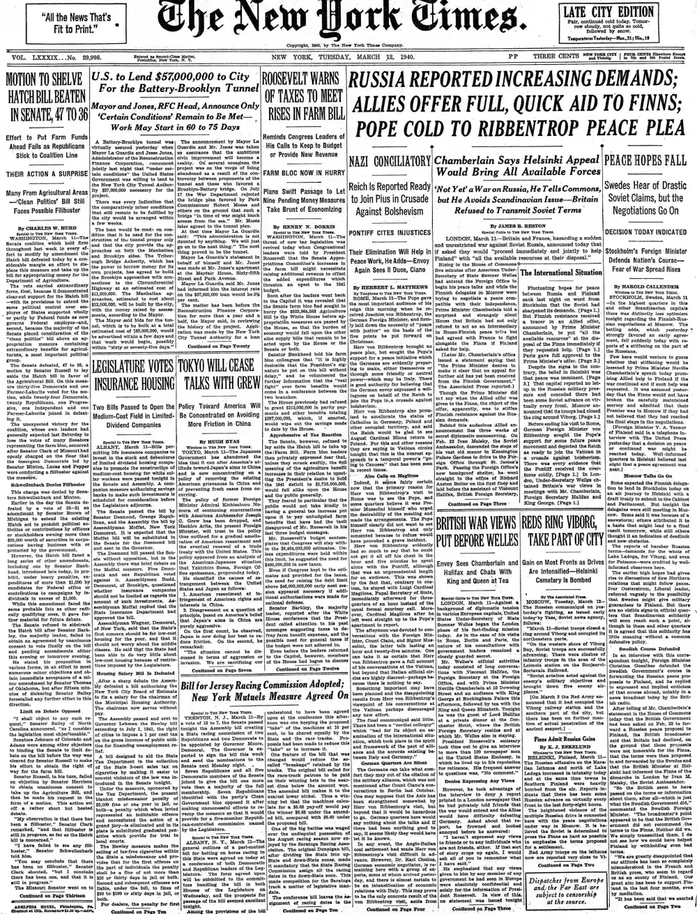 Tuesday, March 12, 1940 – The New York Times Front Page