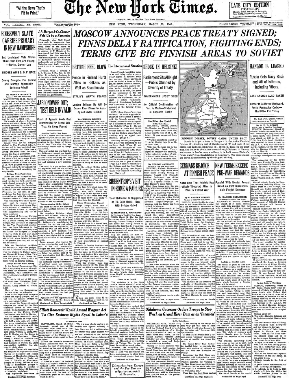 Wednesday, March 13, 1940 – The New York Times Front Page