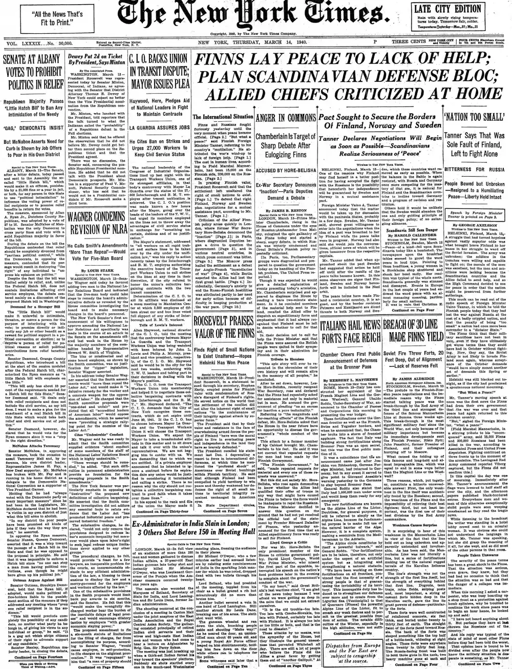 Thursday, March 14, 1940 – The New York Times Front Page