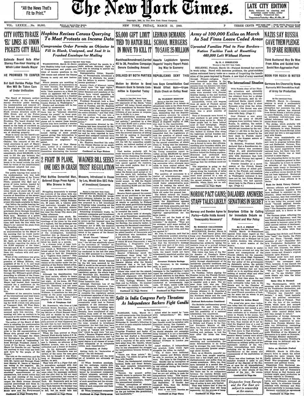 Friday, March 15, 1940 – The New York Times Front Page