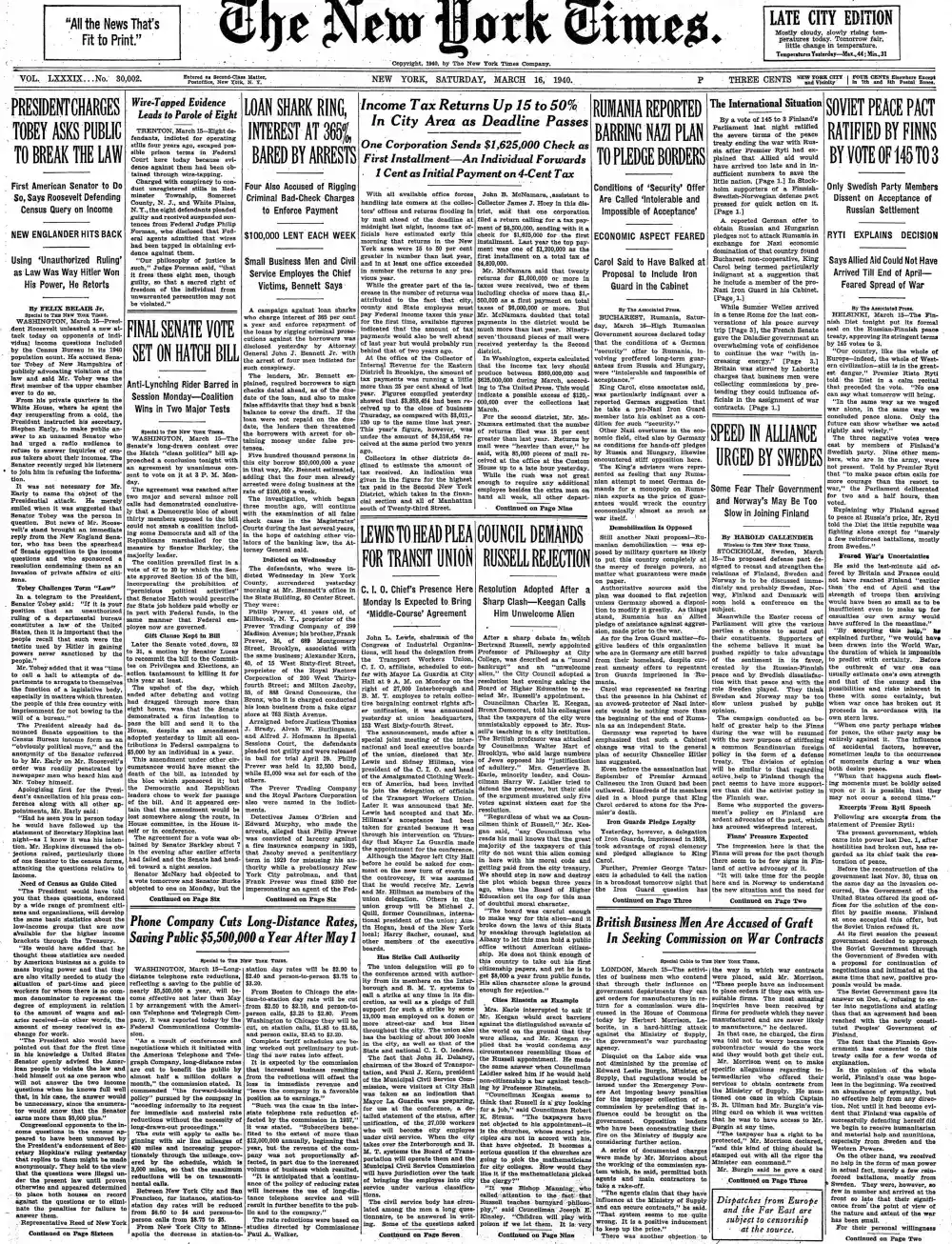 Saturday, March 16, 1940 – The New York Times Front Page