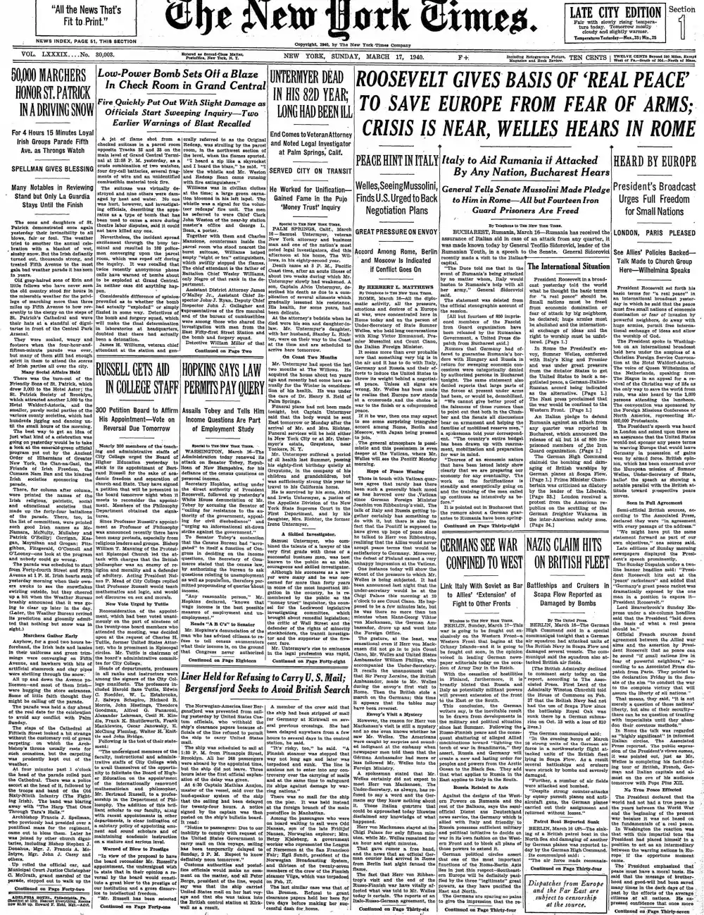 Sunday, March 17, 1940 – The New York Times Front Page
