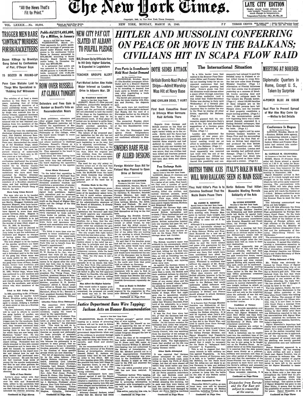 Monday, March 18, 1940 – The New York Times Front Page