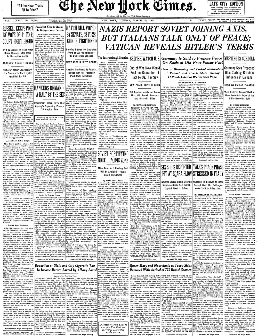 Tuesday, March 19, 1940 – The New York Times Front Page
