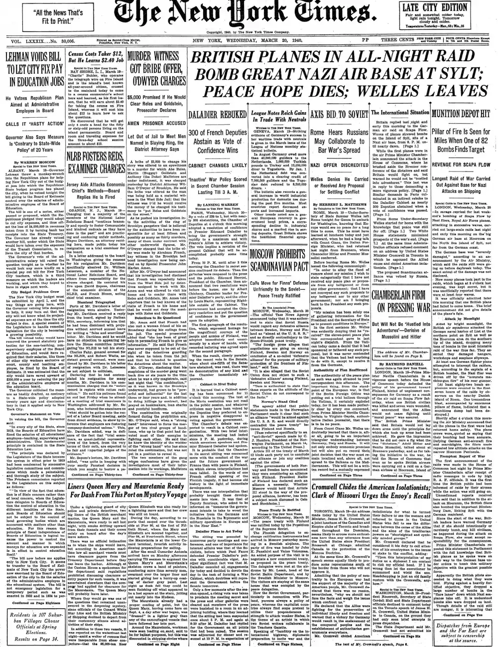 Wednesday, March 20, 1940 – The New York Times Front Page