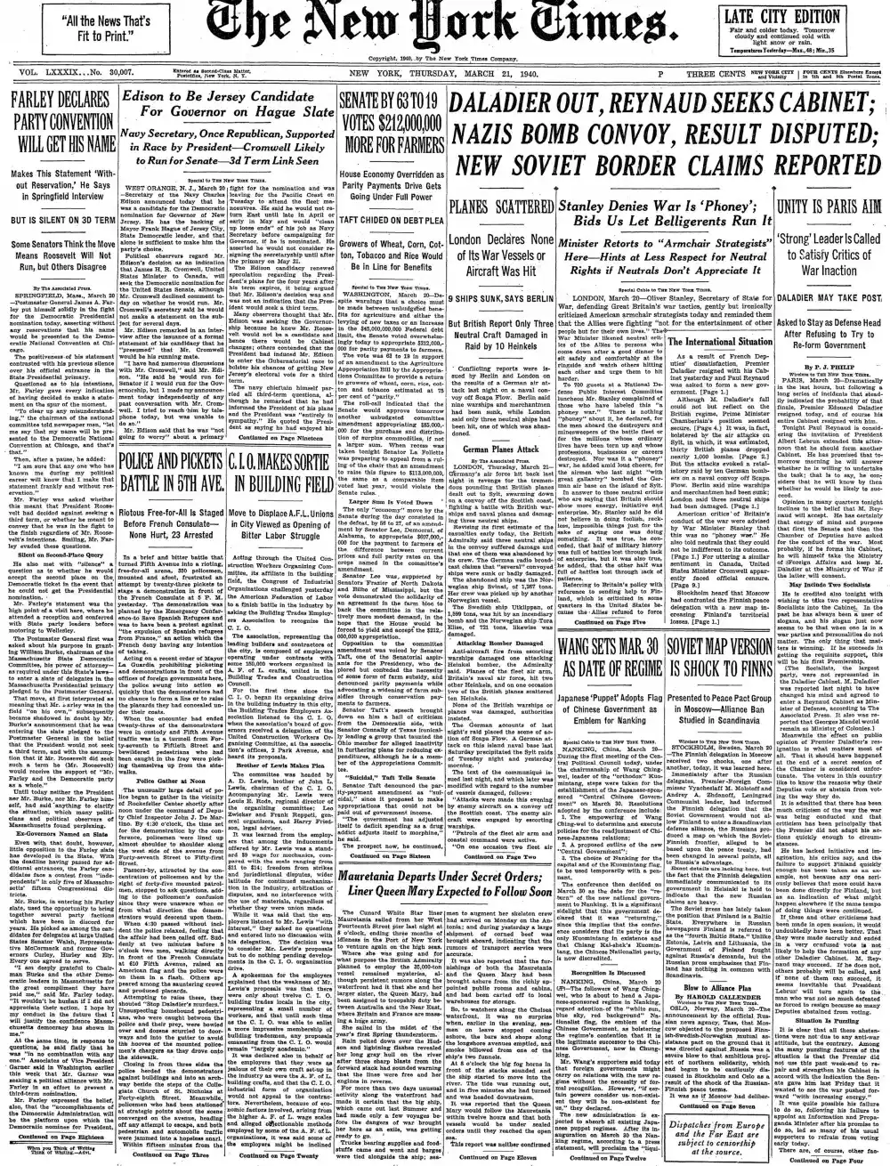 Thursday, March 21, 1940 – The New York Times Front Page