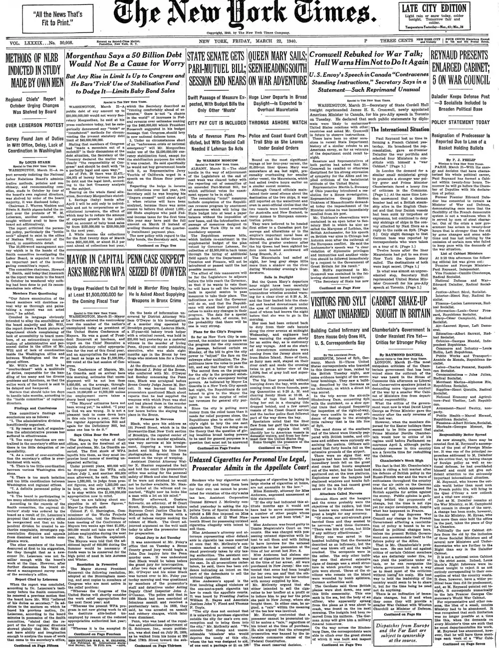 Friday, March 22, 1940 – The New York Times Front Page