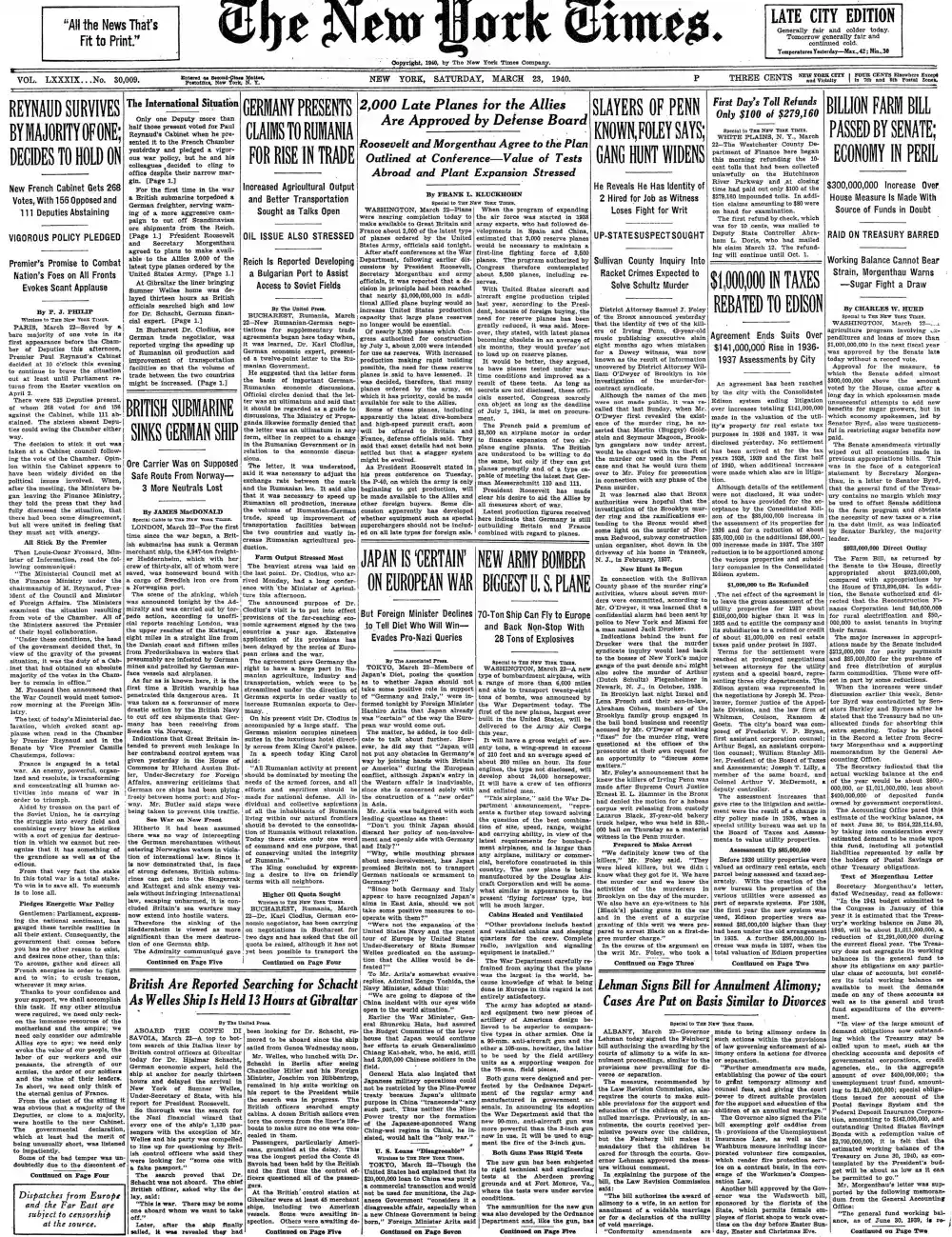 Saturday, March 23, 1940 – The New York Times Front Page
