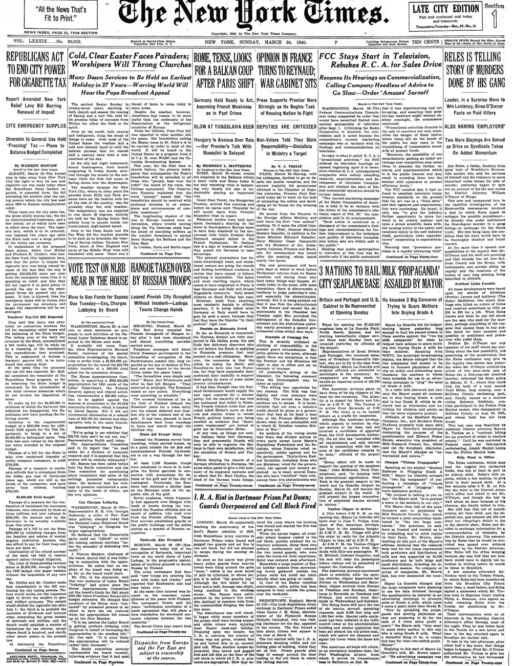 Sunday, March 24, 1940 – The New York Times Front Page