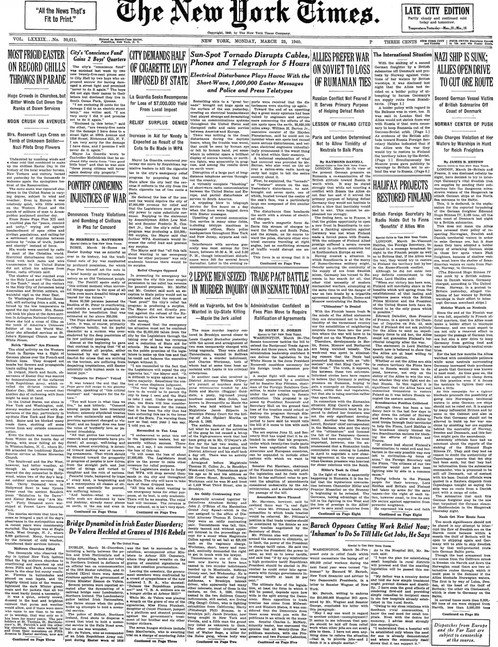 Monday, March 25, 1940 – The New York Times Front Page