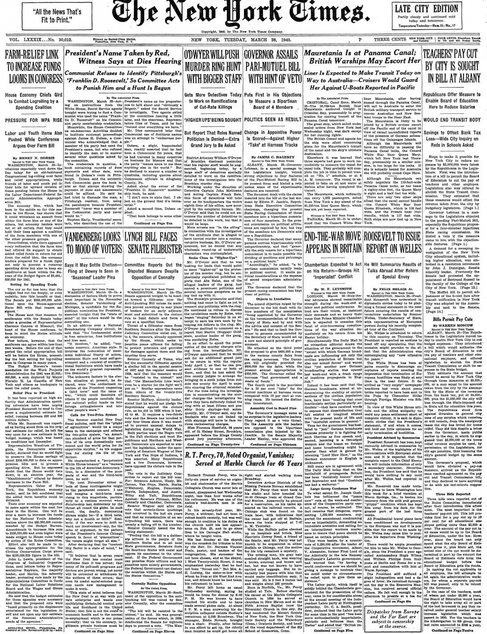 Tuesday, March 26, 1940 – The New York Times Front Page
