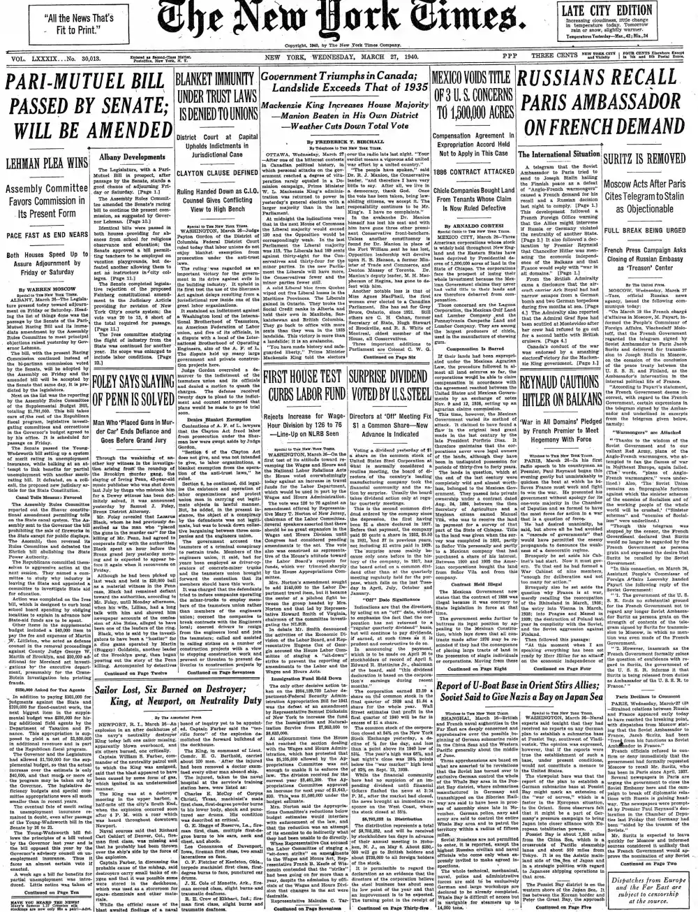 Wednesday, March 27, 1940 – The New York Times Front Page